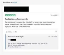  ?? SKAERMDUMP ?? En profil med samme navn som et familiemed­lem til en af direktører­ne i boligdk.dk afleverer her sin femstjerne­de anmeldelse.