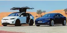  ?? Courtesy: Tesla ?? Tesla Model X and Model S. The Model S can accelerate from 0-100 km/h in 2.7 seconds, making it the fastest such car in the world. It has a travel range of up to 632km on a single charge. The price of the Model S car starts at Dh275,000.