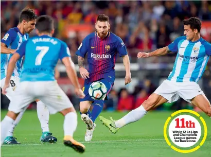  ?? AFP ?? Malaga’s Adrian Gonzalez (left), Juan Carlos Perez and Luis Hernandez (right) challenge Barcelona’s Lionel Messi (centre) during the Spanish La Liga match at the Camp Nou. —