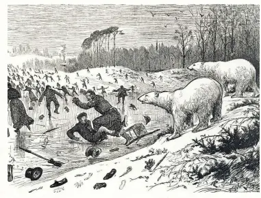 ??  ?? A cartoon from the late 19th century depicting Londoners who believed a new Ice Age had begun