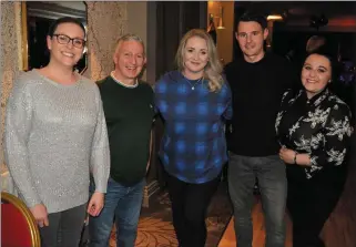  ??  ?? ABOVE: Ann Marie Earley, Hugh Gallagher, Lisa Curran. David Dillane and Amy Roche pictured taking a break from helping out at the Christie Hennessy Festival at the Ashe Hotel on Friday night.