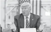  ?? Evan Vucci / AP Photo ?? Republican presidenti­al candidate Donald Trump speaks during a coal mining roundtable Wednesday at Fitzgerald Peterbilt in Glade Spring, Va.