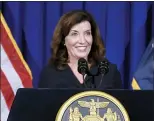  ?? (AP PHOTO/HANS PENNINK ?? New York Lt. Gov. Kathy Hochul gives a news conference at the State Capitol, Wednesday, Aug. 11, 2021 in Albany, N.Y. Hochul is preparing to take the reins of power after Gov. Andrew Cuomo announced he would resign from office.