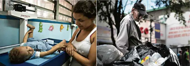  ?? Fotos Oscar González Grande/Folhapress ?? A venezuelan­a Sarahy com seu filho, Bryan, de 14 meses, que pesa apenas 7 kg e mede pouco mais de 60 cm; à direita, idoso observa sacos de lixo em busca de comida em Caracas