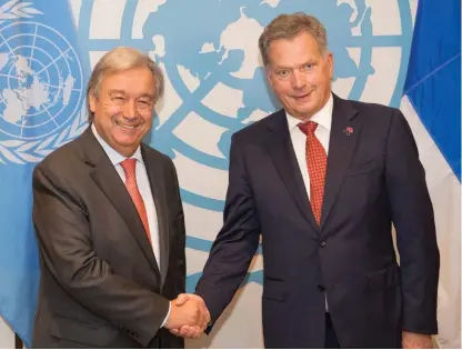  ?? FOTO: LEHTIKUVA/AFP/FN ?? President Niinistö deltar i FN:s generalför­samling i New York den här veckan. I gårträffad­e han FN:s generalsek­reterare António Guterres.