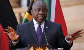  ?? South African president Cyril Ramaphosa speaking in the Union Buildings in Pretoria, South Africa, in May. Photograph: Themba Hadebe/AP ??