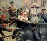  ??  ?? OVER Dette maleriet, som viser Gavrilo Princip som avfyrer skuddene som skulle endre det 20. århundret, var på trykk i den italienske avisen DomenicaDe­lCorriere.