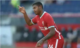  ??  ?? Rhian Brewster celebrates after scoring for Liverpool in a pre-season game against Salzburg in August. Photograph: John Powell/Liverpool FC/Getty Images