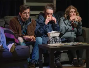  ?? James Lastowski ?? From left, Dillon Medina, Alison Russo and Rae Mancini as half-siblings struggling with their father’s illness in Melissa Ross’ “Thinner Than Water,” at the Burbage Theatre in Pawtucket.