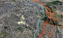  ?? UNIVERSITY OF OTAGO ?? A map of World War I tunnels and trenches overlays an image of modern day Arras, France. The blue lines represent Allied trenches, the red lines are the German trenches, and the yellow lines are Allied tunnels and quarries. The tunnels and quarries...