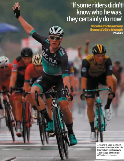 ?? GETTY IMAGES ?? Ireland’s Sam Bennett crosses the line after his triumph in yesterday’s 12th stage of the Giro d’Italia