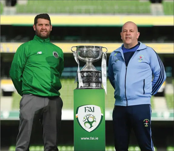  ??  ?? Pike Rovers manager Mike Shiels, left, with North End United manager John Godkin during the FAI Intermedia­te and FAI Junior Cup Finals media day at the Aviva Stadium in Dublin.