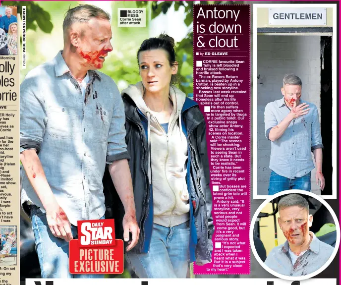  ??  ?? FILMING: This Morning SOFA SO FAR: On set ■ BLOODY MESS: Corrie Sean after attack