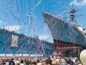  ?? DAVID SHARP/AP ?? The future U.S. Navy destroyer Harvey C. Barnum Jr. is christened Saturday in Bath, Maine.