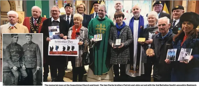  ??  ?? The memorial mass at the Augustinia­n Church and inset, The two Clarke brothers Patrick and John served with the 2nd Battalion South Lancashire Regiment.