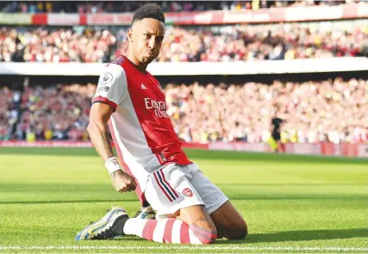  ?? Picture: AFP ?? DERBY DELIGHT. Arsenal’s Pierre-Emerick Aubameyang celebrates after scoring a goal during their English Premier League match against Tottenham Hotspur at the Emirates yesterday.