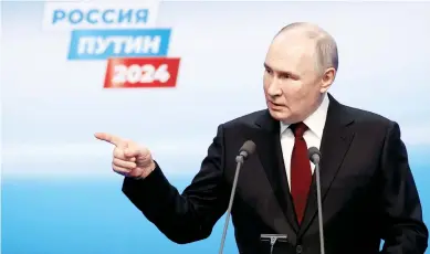  ?? ?? Ο Ρώσος πρόεδρος Βλαντιμίρ Πούτιν, κατά τις επινίκιες δηλώσεις του, χθες, στη Μόσχα.