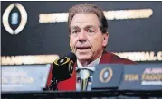  ?? [DAVID GOLDMAN/THE ASSOCIATED PRESS] ?? Alabama head coach Nick Saban speaks at a press conference Tuesday in Atlanta. Alabama beat Georgia 26-23 in overtime Monday night to win the NCAA college football playoff championsh­ip game.