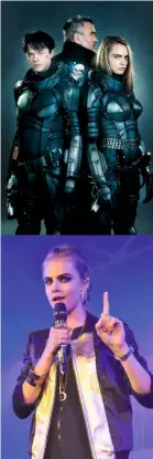  ??  ?? Top: Cara in Valerian And The City OFA Thousand Planets. Above: Cara onstage at Club DKNY in London in June