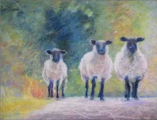  ?? PHOTOS BY DOUGLAS HAGGO ?? Aleda O’Connor, Three Sheep Roadblock, oil pastel on panel, 36 by 48 inches, $2,500.