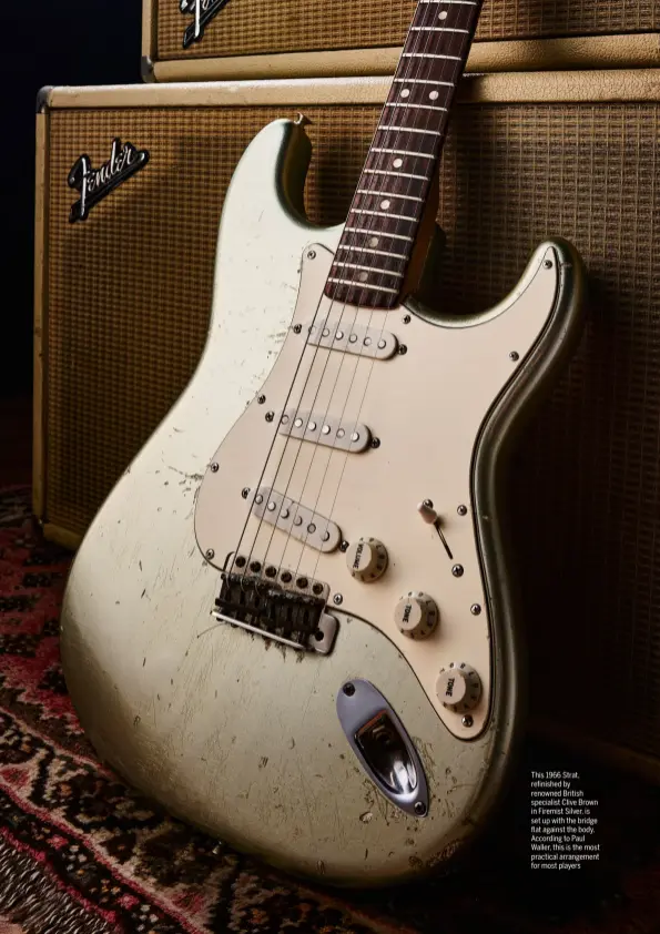  ?? ?? This 1966 Strat, re nished by renowned British specialist Clive Brown in Firemist Silver, is set up with the bridge at against the body. According to Paul Waller, this is the most practical arrangemen­t for most players