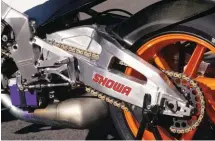  ??  ?? LEFT: Massive alloy swingarm was necessary to negate the twist created by the two-stroke power