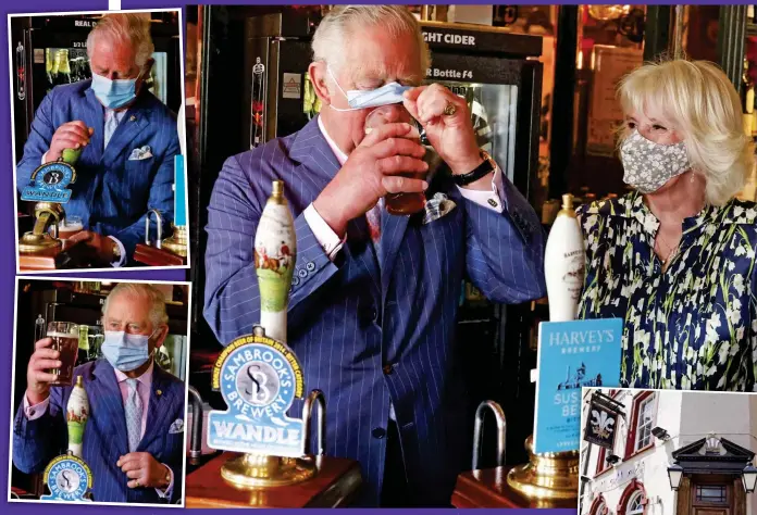  ??  ?? Head-scratcher: Mask-clad Charles pulls a pint yesterday but struggles to take a sip, as Camilla looks on