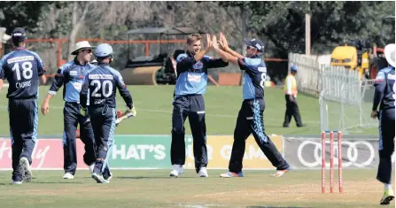  ?? PICTURE: BACKPAGE P IX ?? ON FIRE: Aiden Markram and the rest of the Titans celebrate as he picks up a wicket against a poor Cape Cobras side yesterday at SuperSport Park. The home side cruised to victory and will host the Momentum One-Day Cup final.