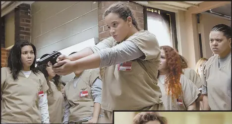  ??  ?? HIGH DRAMA: Daya (Dascha Polanco, with gun at left) is enraged, Red (Kate Mulgrew, below at left) seeks to humiliate a guard, and Alex (Laura Prepon, bottom left) and Piper (Taylor Schilling) seek to marry during the new season of ‘Orange Is the New...