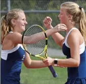  ?? Photos by Barry Reeger/For the Post-Gazette ?? Twin sisters Lindsey, left, and Emily Greb defeated Kirsten Close and Roshni Thakkar of Sewickley Academy 6-4, 6-3.