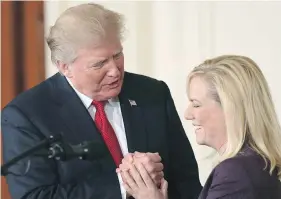  ?? SUSAN WALSH, AP ?? U.S. President Donald Trump welcomes Kirstjen Nielsen on Oct. 12, 2017, after choosing her as secretary of the Department of Homeland Security. According to an administra­tion official, her tenure in the job looks to be ending soon.