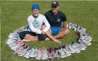  ??  ?? LEFT Matt Hill and his partner Steph Tait surrounded by the shoes that carried them on their journey