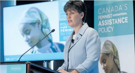  ?? ADRIAN WYLD/THE CANADIAN PRESS ?? Minister of Internatio­nal Developmen­t Marie-Claude Bibeau launches Canada’s new Feminist Internatio­nal Assistance Policy during an event in Ottawa, Friday.