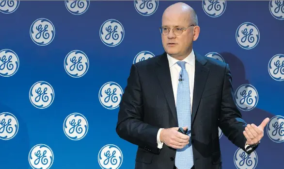  ?? ELI KABILLIO/GENERAL ELECTRIC VIA AP/FILES ?? General Electric Co. saw its shares surge as much as 16 per cent Monday for the biggest intraday gain since March 2009 following its stunning move to fire CEO John Flannery, pictured. The shakeup underscore­s the urgency at Boston-based GE, which has lost half a trillion dollars in market value since the peak in 2000.