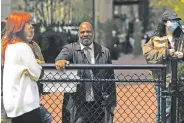  ?? BING GUAN/THE NEW YORK TIMES ?? Jelani Cobb, dean of the Columbia Journalism School, looks on Friday as students protest the war in Gaza at Columbia University in New York.