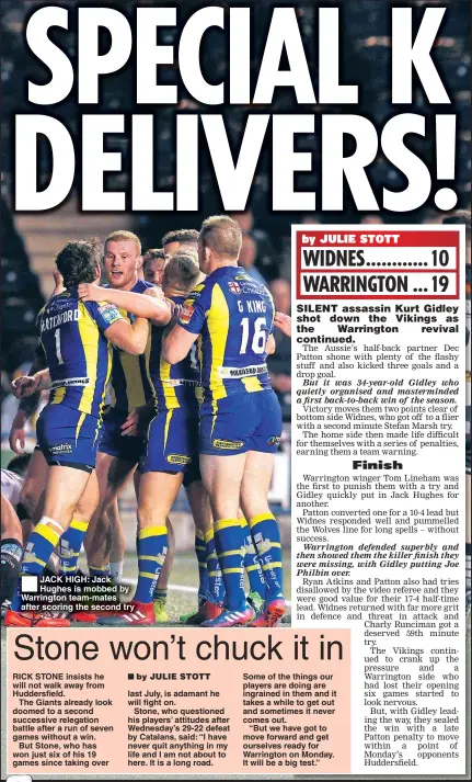  ??  ?? JACK HIGH: Jack Hughes is mobbed by Warrington team-mates after scoring the second try
