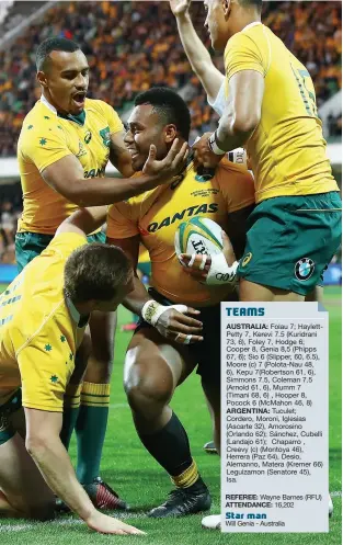  ?? PICTURE: Getty Images ?? Go Aussie: Samu Kerevi is congratula­ted after scoring for Australia