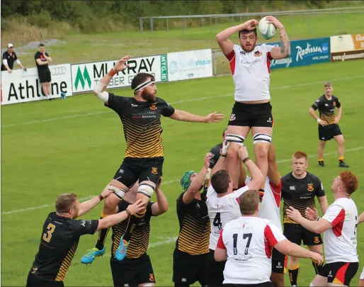  ??  ?? Diarmuid O’Dowd-Hill secures another ball in the line-out for Sligo RFC during their one point loss to Buccaneers in Athlone. Photo: Jean McConnell.