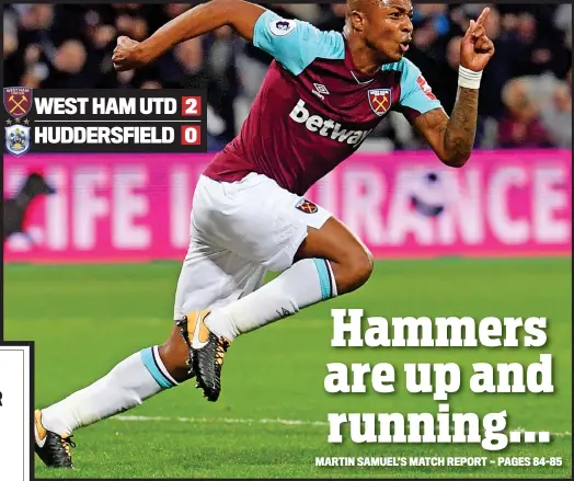  ??  ?? Quick impact: substitute Andre Ayew wheels away to celebrate after scoring West Ham’s second goal last night