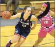  ?? Georgetown Athletics / Contribute­d Photo ?? UConn’s Nika Muhl dribbles while defended by Georgetown’s Jazmyn Harmon on Friday.