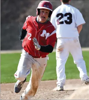  ?? Photo by Jerry Silberman | risportsph­oto.com ?? Jacob Glod (2) makes the turn and heads for third base during Saturday’s Division II contest against Prout. The Mounties prevailed, 9-5.