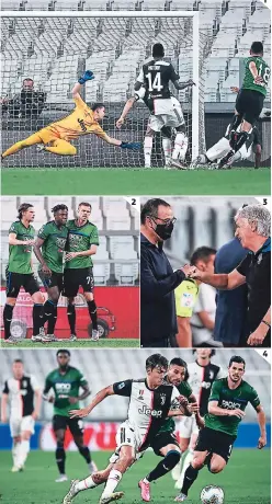  ?? FOTOS: AFP ?? (1) Así la prendió Ruslan Malinovski­y para el 2 a 1. (2) Duván Zapata, la alegría sudamerica­na del gol. (3) Maurizio Sarri y Gian Piero Gasperini. (4) La Joya Paulo Dybala se escapa de sus marcadores.