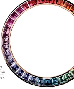  ??  ?? According to Rolex, “the art of gem-setting lies in revealing the full sparkle and beauty of each stone”—precisely what it did with the Cosmograph Daytona “Rainbow.