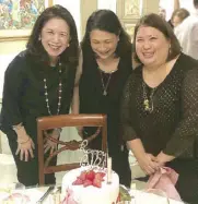  ??  ?? More than a birthday, a thanksgivi­ng. Marisa Cojuangco, Berna Filart and Raissa Posadas give thanks for another year of blessings.