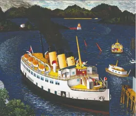  ??  ?? The 1950 E.J. Hughes painting Steamer Arriving At Nanaimo will be sold at the Dec. 2 Heffel auction. It carries a pre-sale estimate of $500,000 to $700,000.