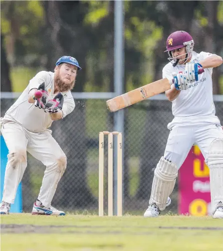  ?? Picture: JERAD WILLIAMS ?? Palm Beach Currumbin batsman Jainam Petel tries to get one away at Salk Oval.