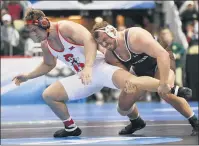  ?? KEITH SRAKOCIC - AP FILE ?? Lehigh’s JordanWood looks for a takedown of Oklahoma State’s Derek White, left, during the NCAA wrestling semifinals in 2019. Wood, a Boyertown graduate, will be competing at the USA Senior Natioanls this weekend in Iowa.