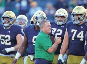  ?? BRIAN SPURLOCK/USA TODAY SPORTS ?? Notre Dame coach Brian Kelly talks to his team before a game against Michigan at Notre Dame Stadium.