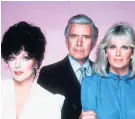  ??  ?? John Forsythe, pictured with Dynasty co-stars Joan Collins and Linda Evans, was the voice of the mysterious Charlie