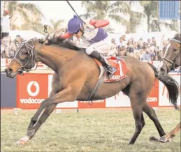  ??  ?? MARINARESC­O, with Bernard Fayd’Herbe up, wins the Gr1 Vodacom Durban July 2017 on Saturday at Greyville. Picture: Liesl King
